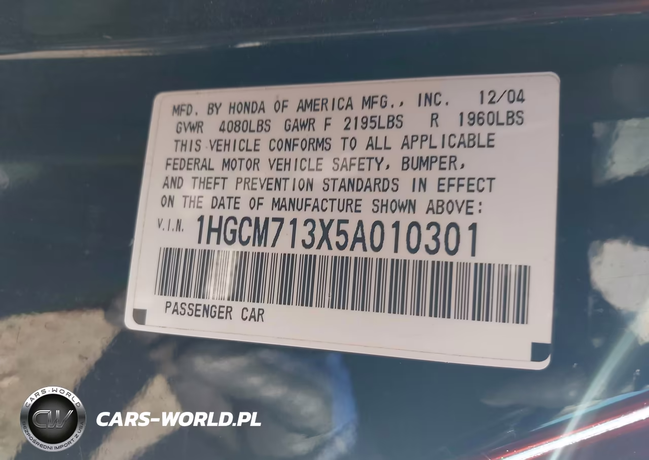 2005 Honda Accord 2.4 Lx VIN:1HGCM713X5A010301 - 9