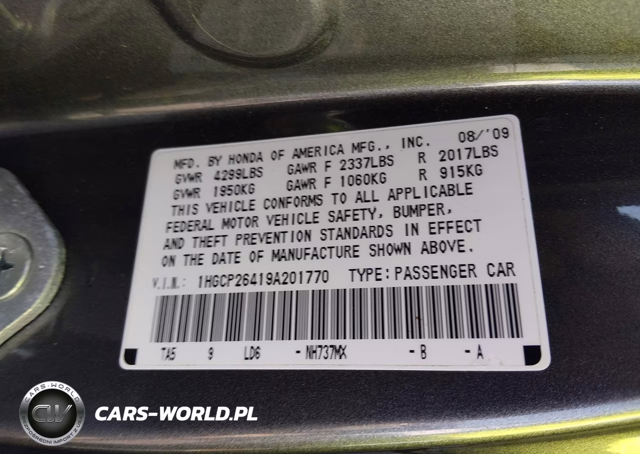 2009 Honda Accord 2.4 Lx-P VIN:1HGCP26419A201770 - 9