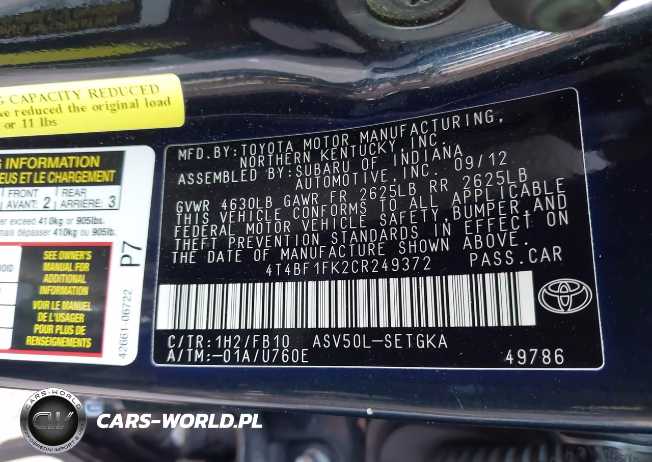 2012 Toyota Camry Xle VIN:4T4BF1FK2CR249372 - 9