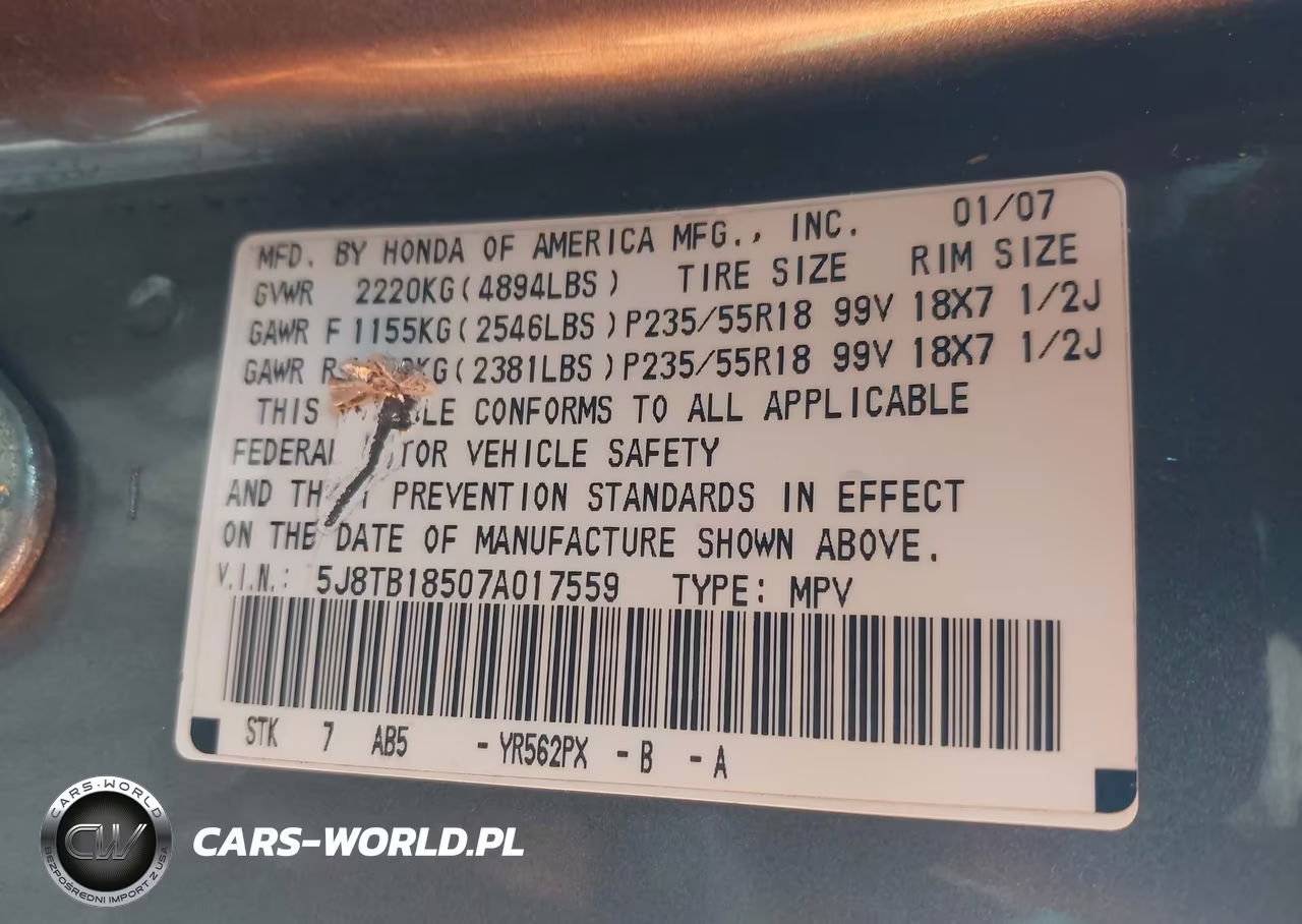 2007 Acura Rdx VIN:5J8TB18507A017559 - 9