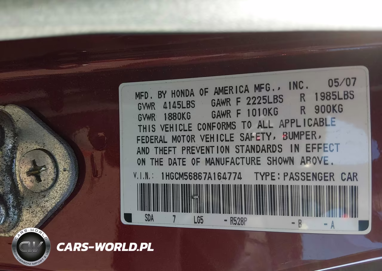 2007 Honda Accord 2.4 Ex VIN:1HGCM56867A164774 - 9