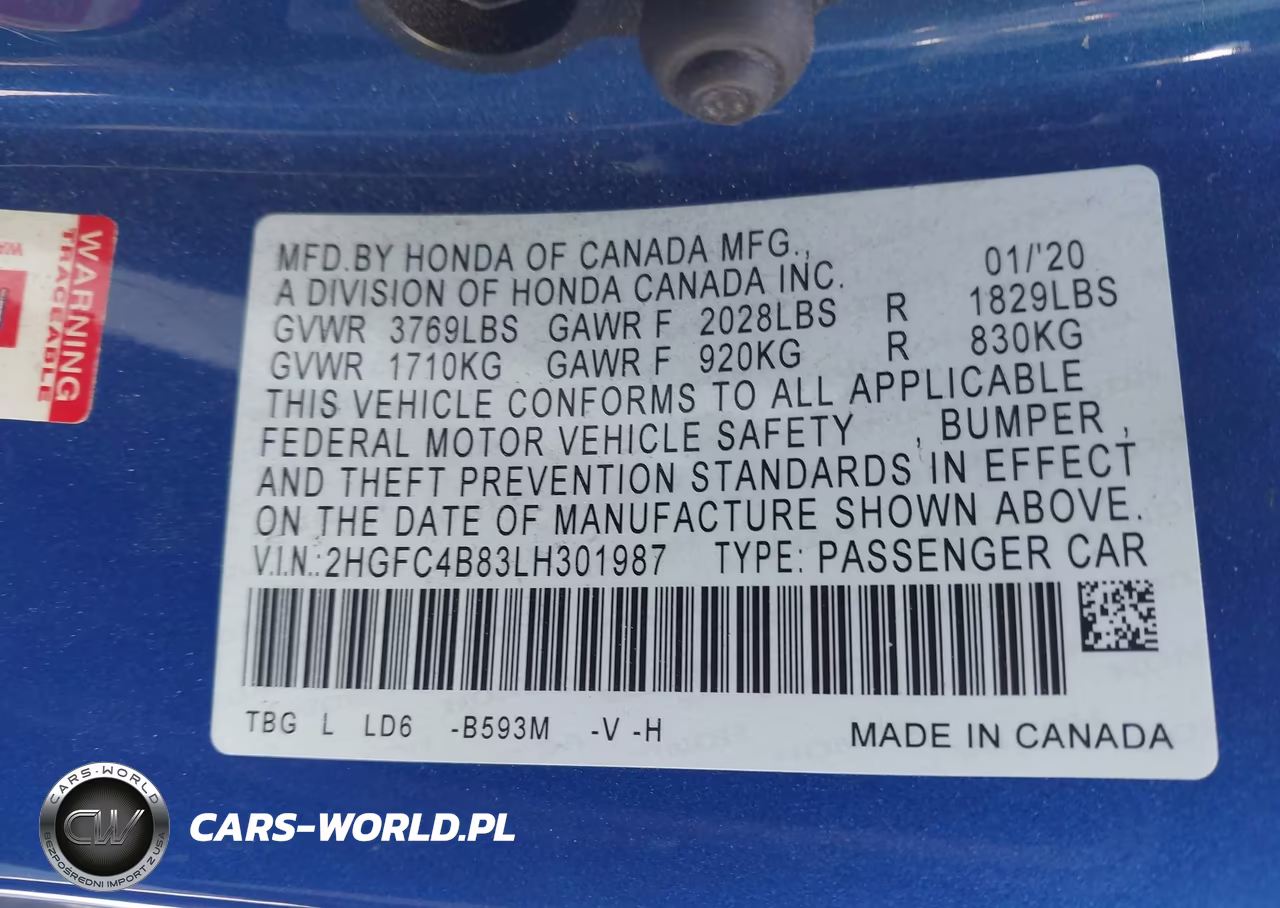 2020 Honda Civic Sport VIN:2HGFC4B83LH301987 - 9