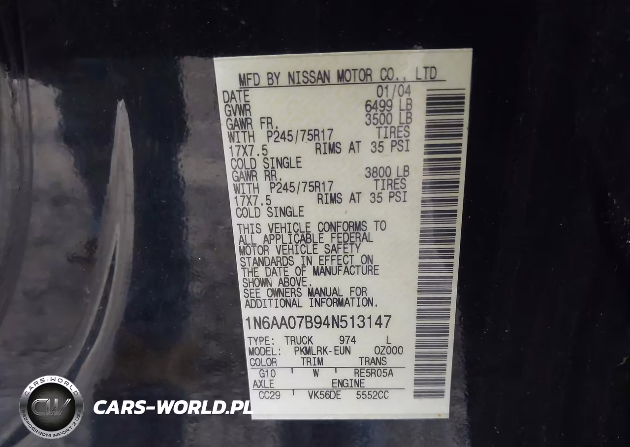 2004 Nissan Titan Xe VIN:1N6AA07B94N513147 - 9