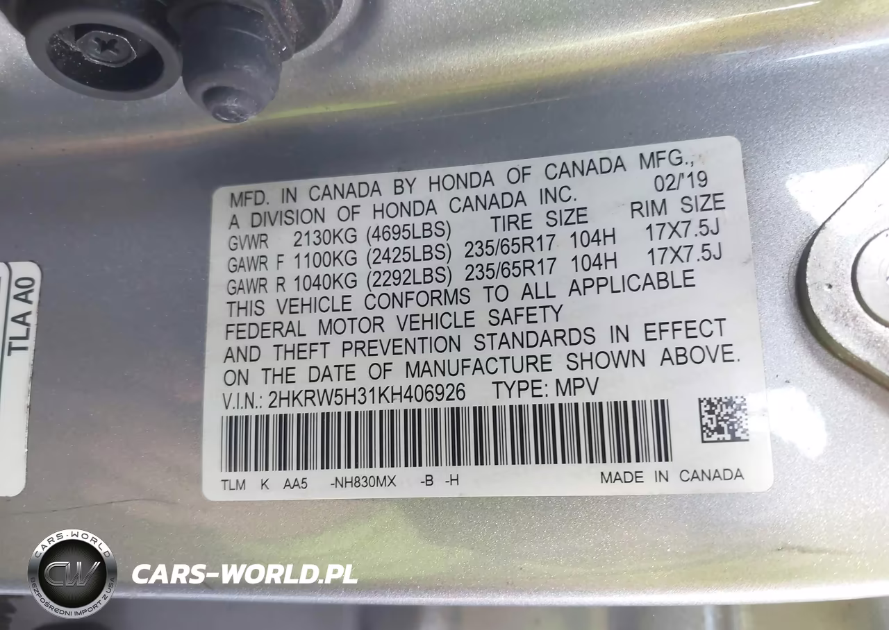 2019 Honda Cr-V Lx VIN:2HKRW5H31KH406926 - 9