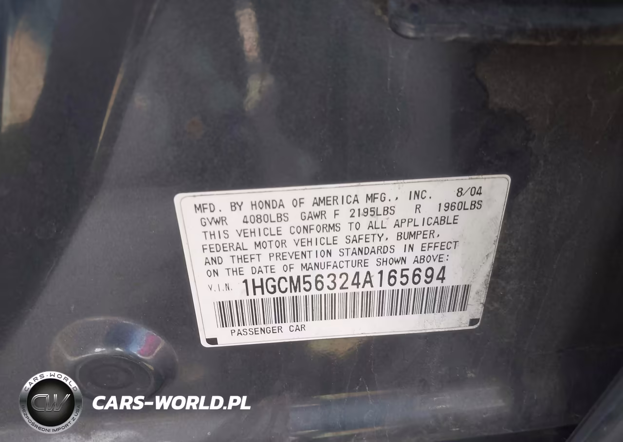 2004 Honda Accord 2.4 Lx VIN:1HGCM56324A165694 - 9