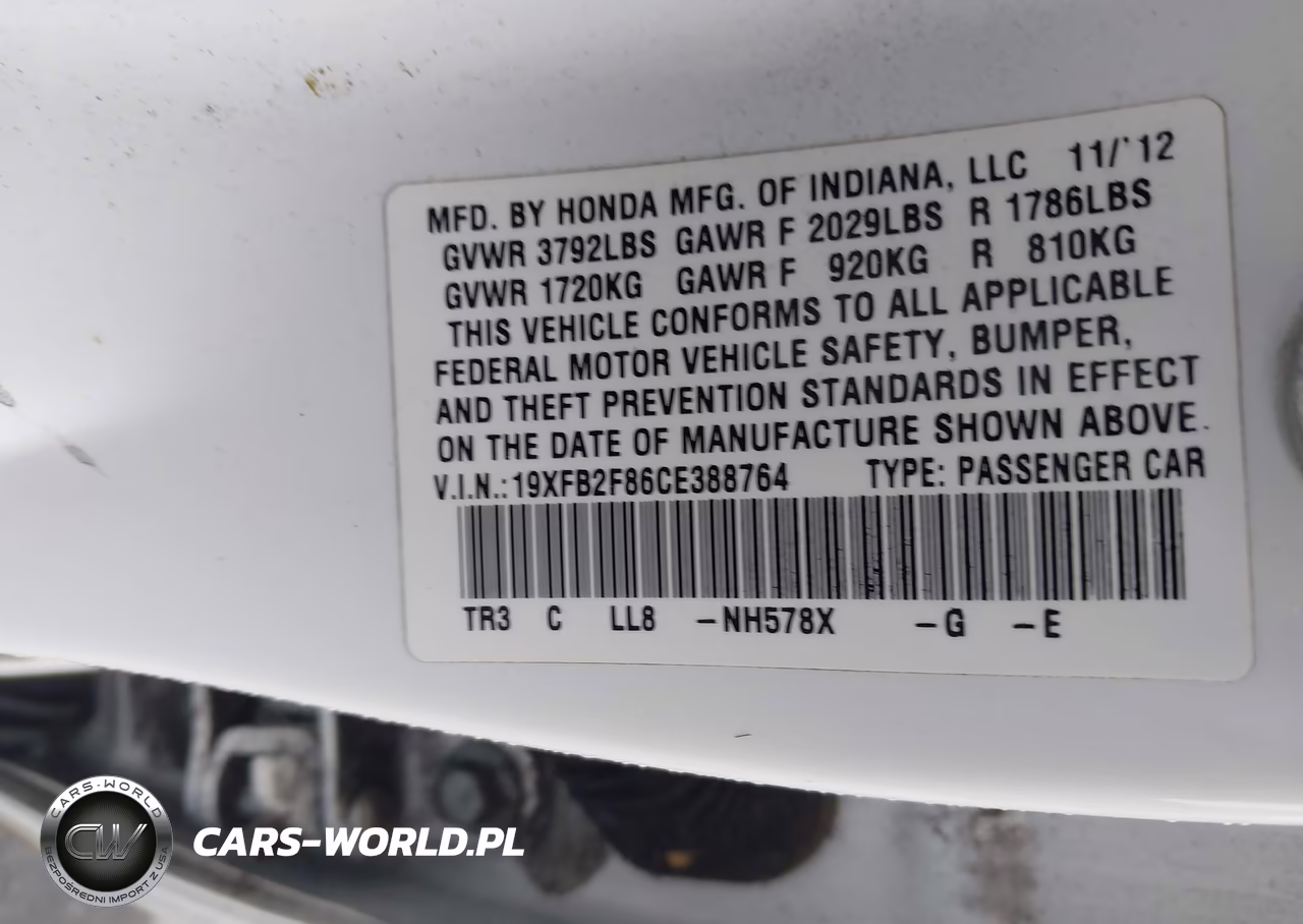2012 Honda Civic Ex VIN:19XFB2F86CE388764 - 9