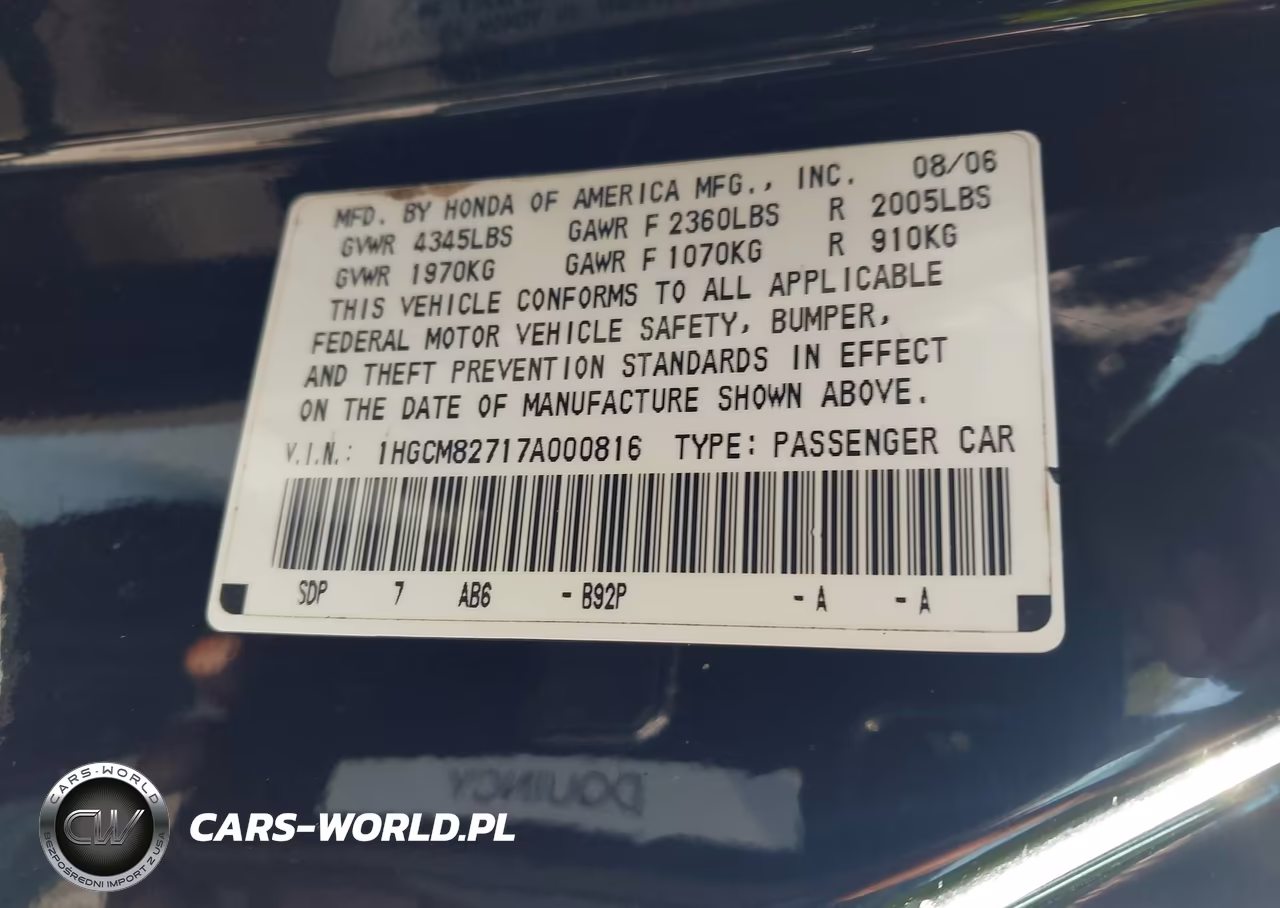 2007 Honda Accord 3.0 Ex VIN:1HGCM82717A000816 - 9