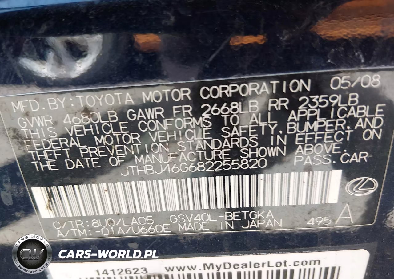 2008 Lexus Es 350 VIN:JTHBJ46G682255820 - 9