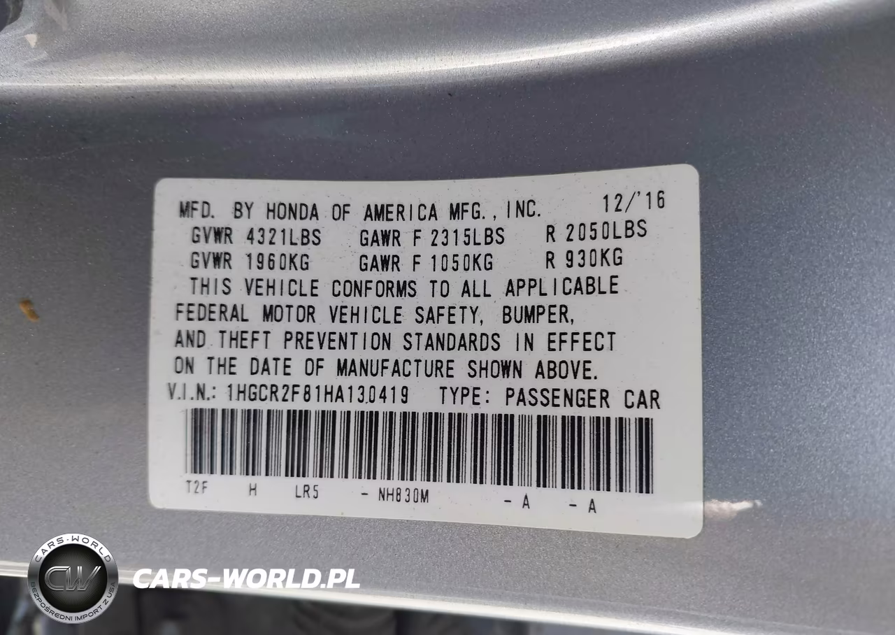 2017 Honda Accord Ex-L VIN:1HGCR2F81HA130419 - 9