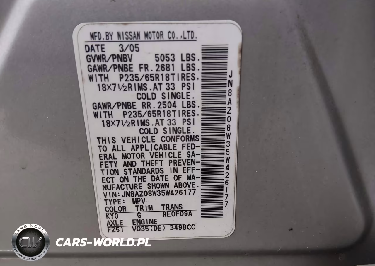 2005 Nissan Murano Sl VIN:JN8AZ08W35W426177 - 9