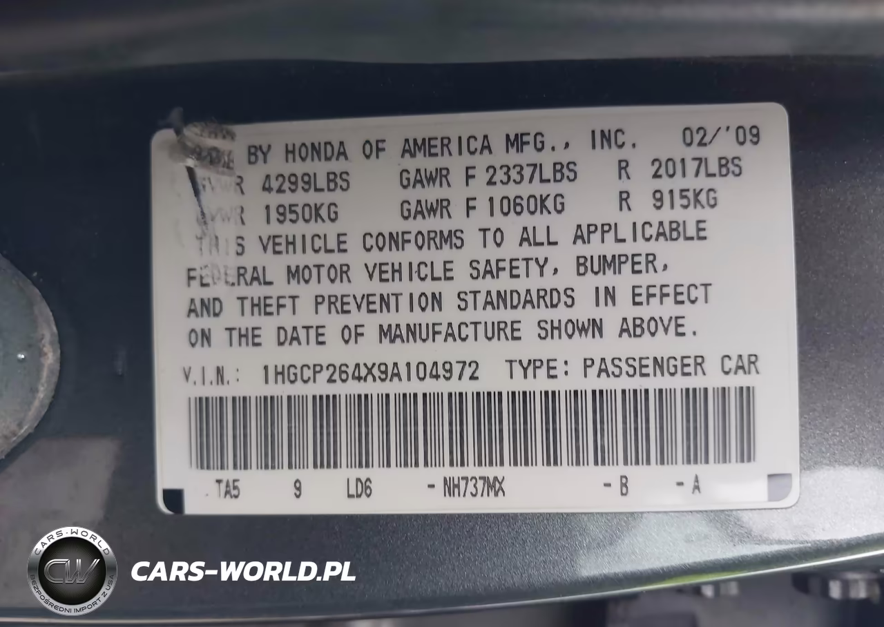 2009 Honda Accord 2.4 Lx-P VIN:1HGCP264X9A104972 - 9