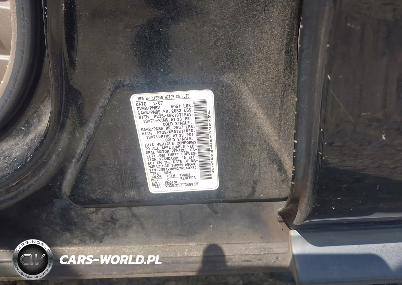 2007 Nissan Murano S VIN:JN8AZ08W27W640287 - 9