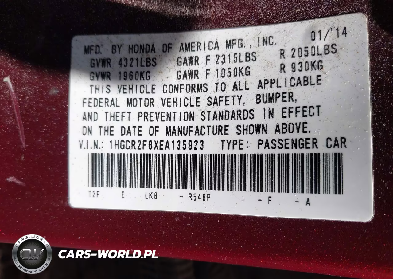 2014 Honda Accord Ex-L VIN:1HGCR2F8XEA135923 - 9