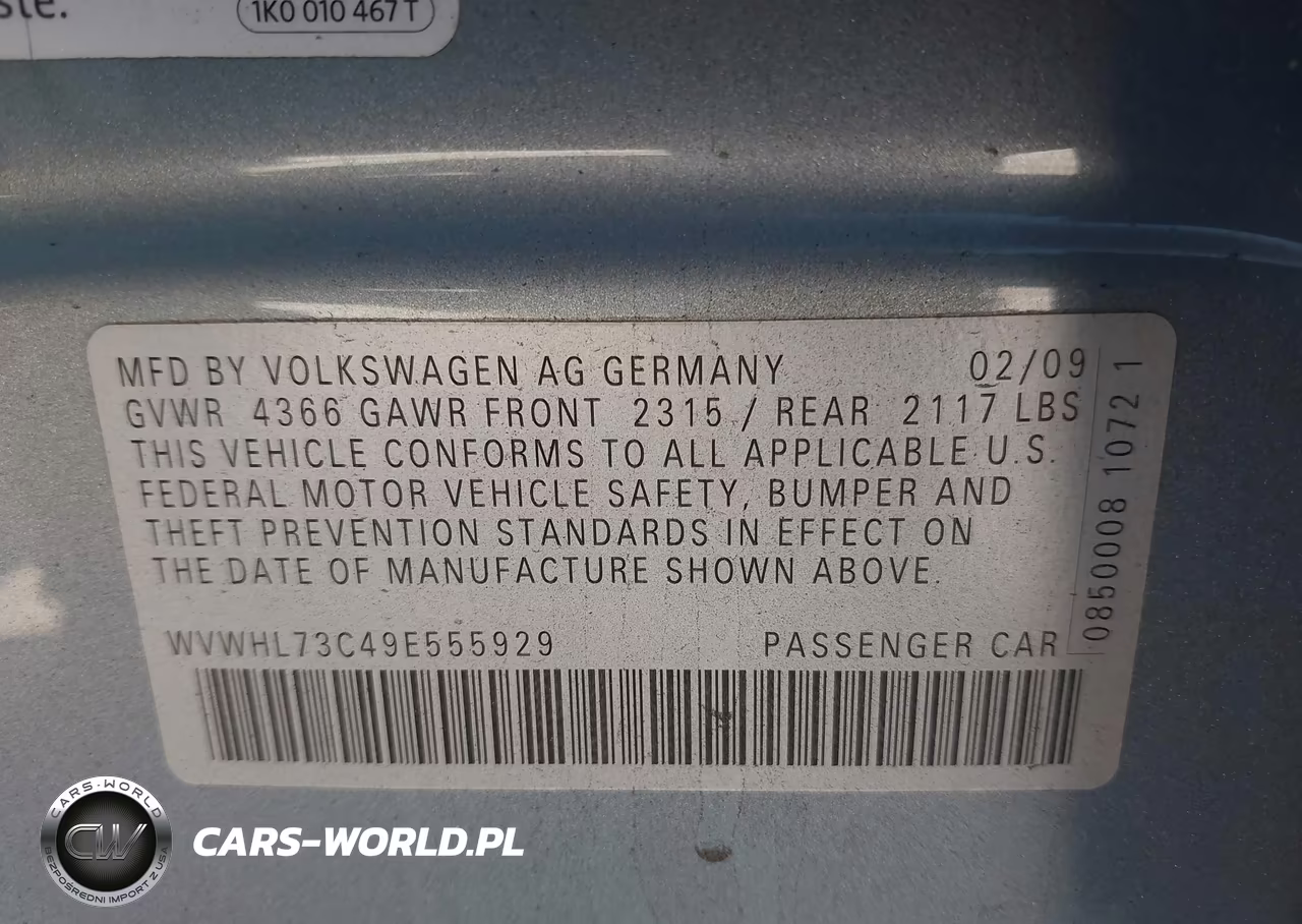 2009 Volkswagon Cc VIN:WVWHL73C49E555929 - 9