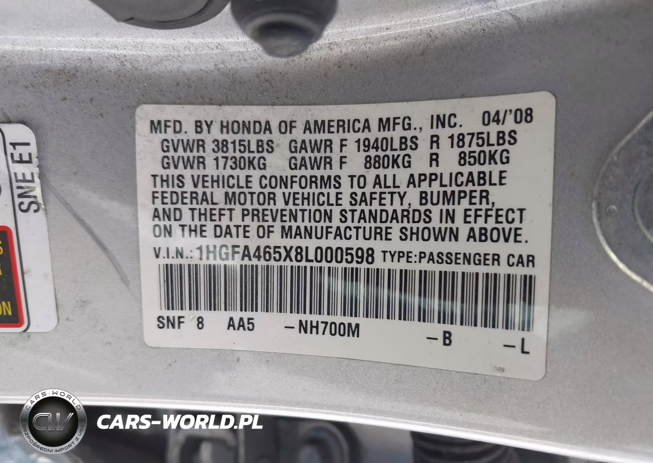 2008 Honda Civic Gx VIN:1HGFA465X8L000598 - 9