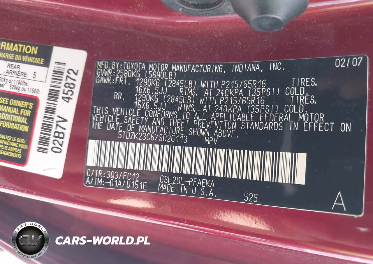 2007 Toyota Sienna Le VIN:5TDZK23C67S026113 - 9