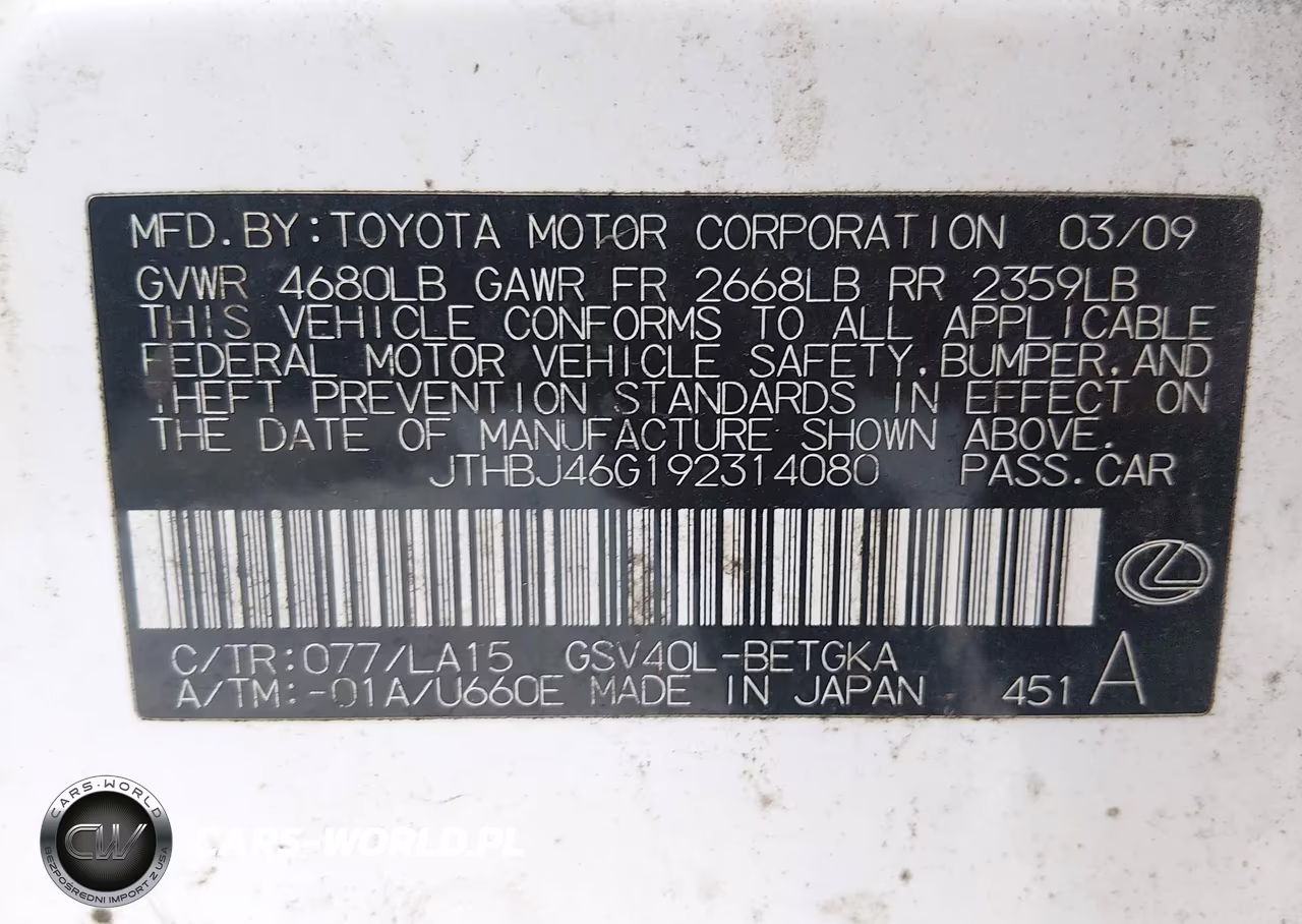 2009 Lexus Es 350 VIN:JTHBJ46G192314080 - 9