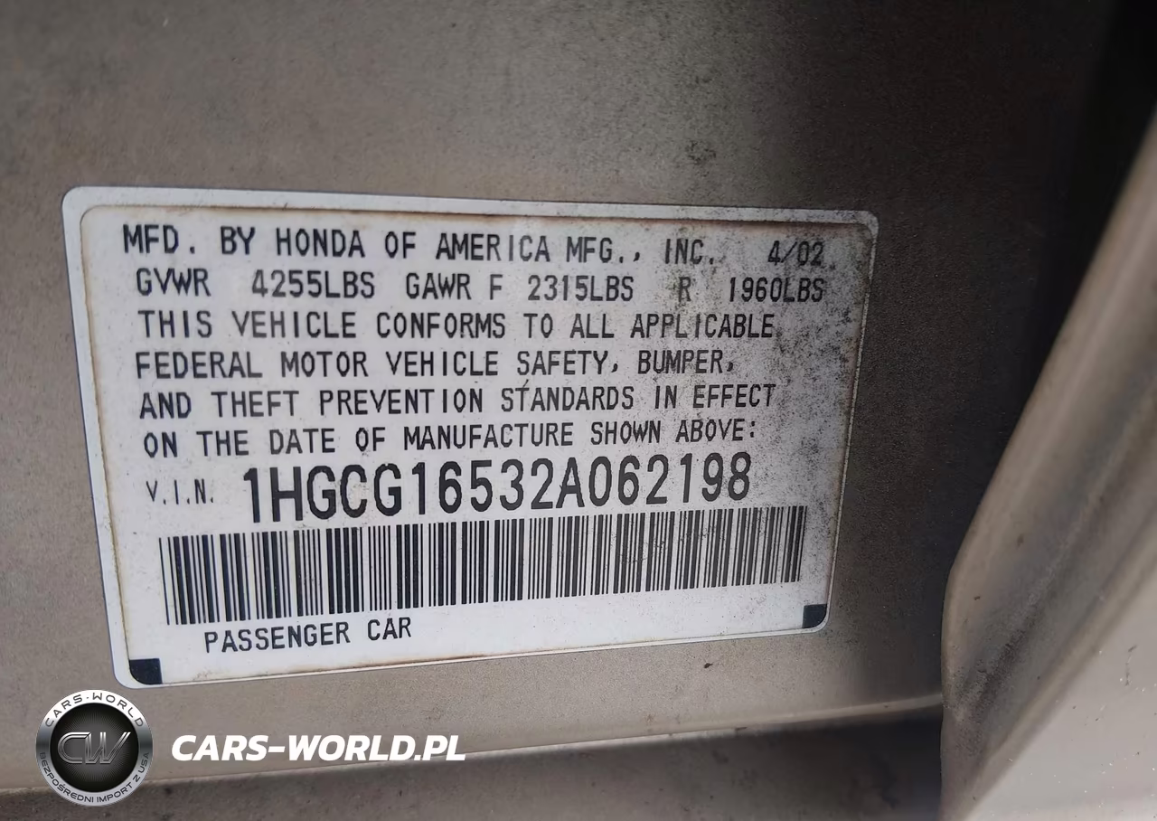 2002 Honda Accord 3.0 Ex VIN:1HGCG16532A062198 - 9