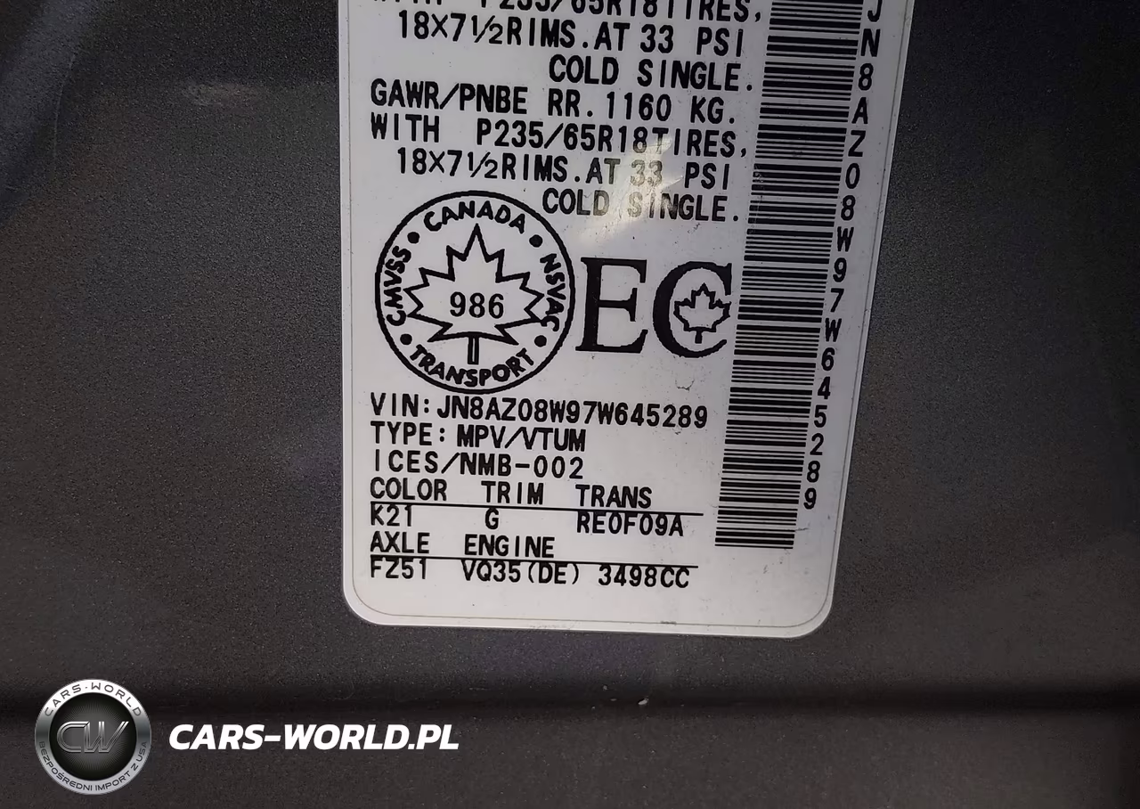 2007 Nissan Murano Sl VIN:JN8AZ08W97W645289 - 9