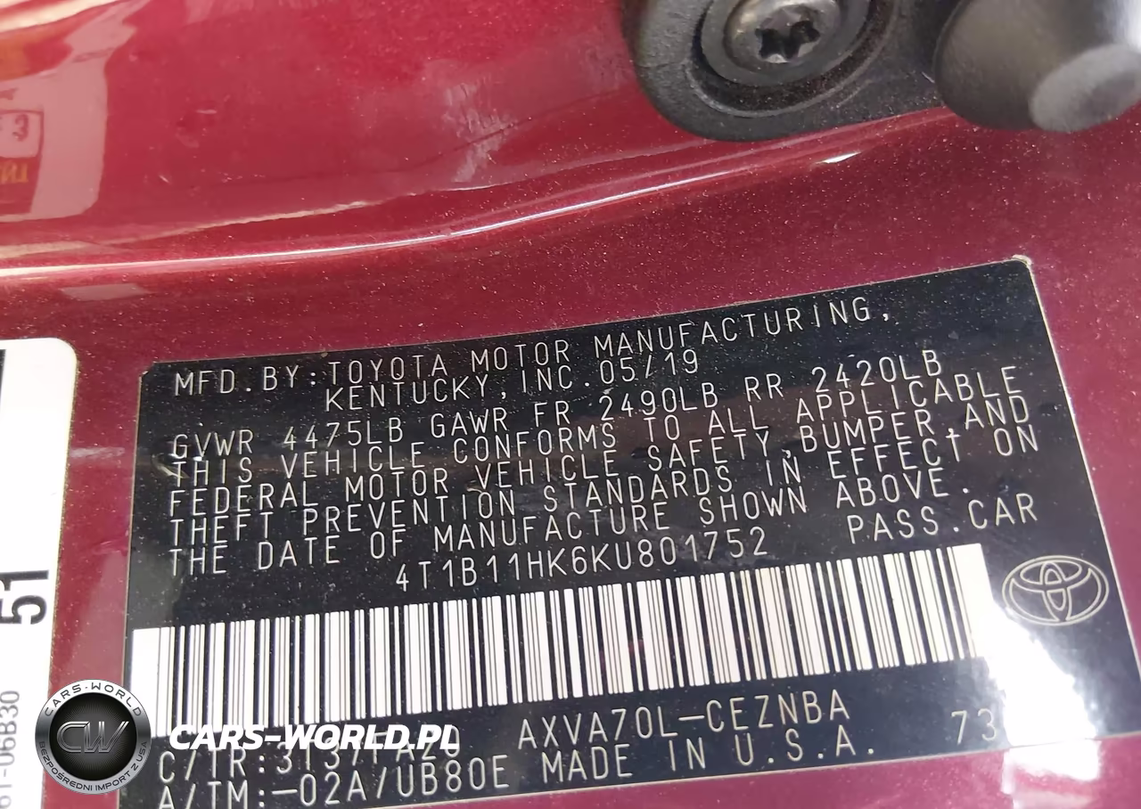 2019 Toyota Camry Le VIN:4T1B11HK6KU801752 - 9