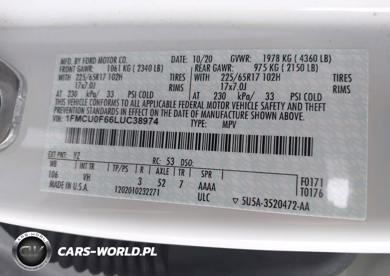 2020 Ford Escape S VIN:1FMCU0F66LUC38974 - 9