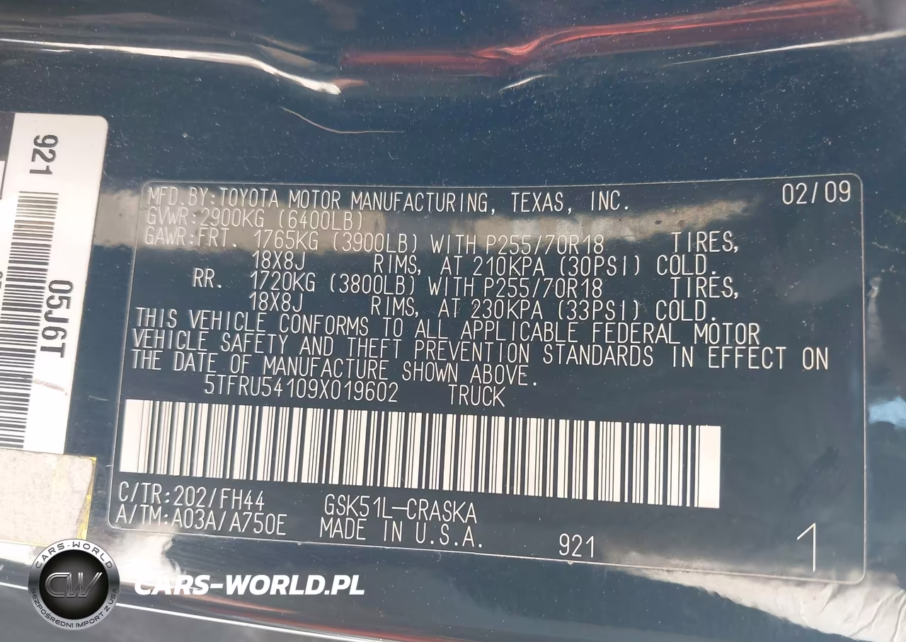 2009 Toyota Tundra Grade V6 VIN:5TFRU54109X019602 - 9