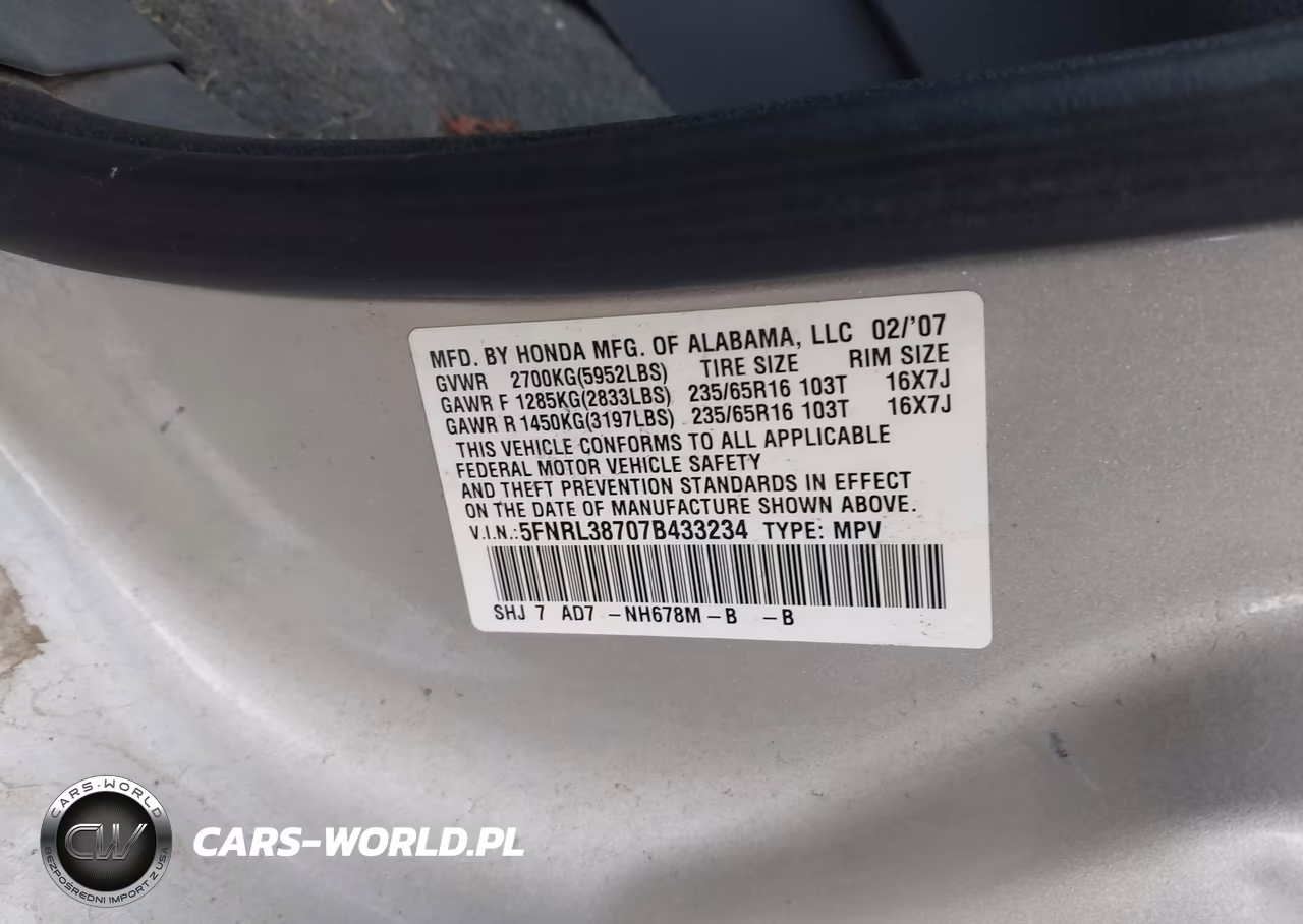 2007 Honda Odyssey Ex-L VIN:5FNRL38707B433234 - 9