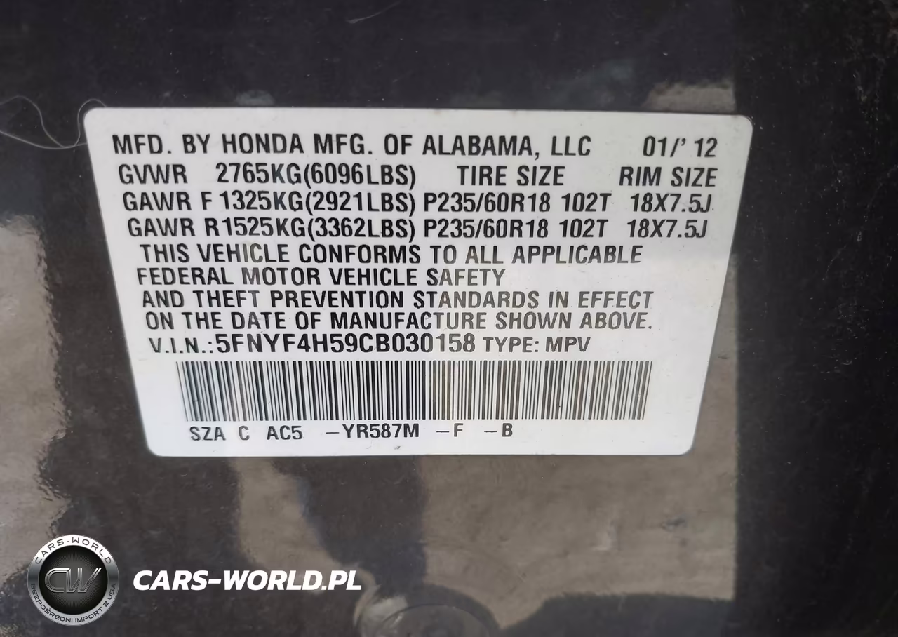 2012 Honda Pilot Ex-L VIN:5FNYF4H59CB030158 - 9