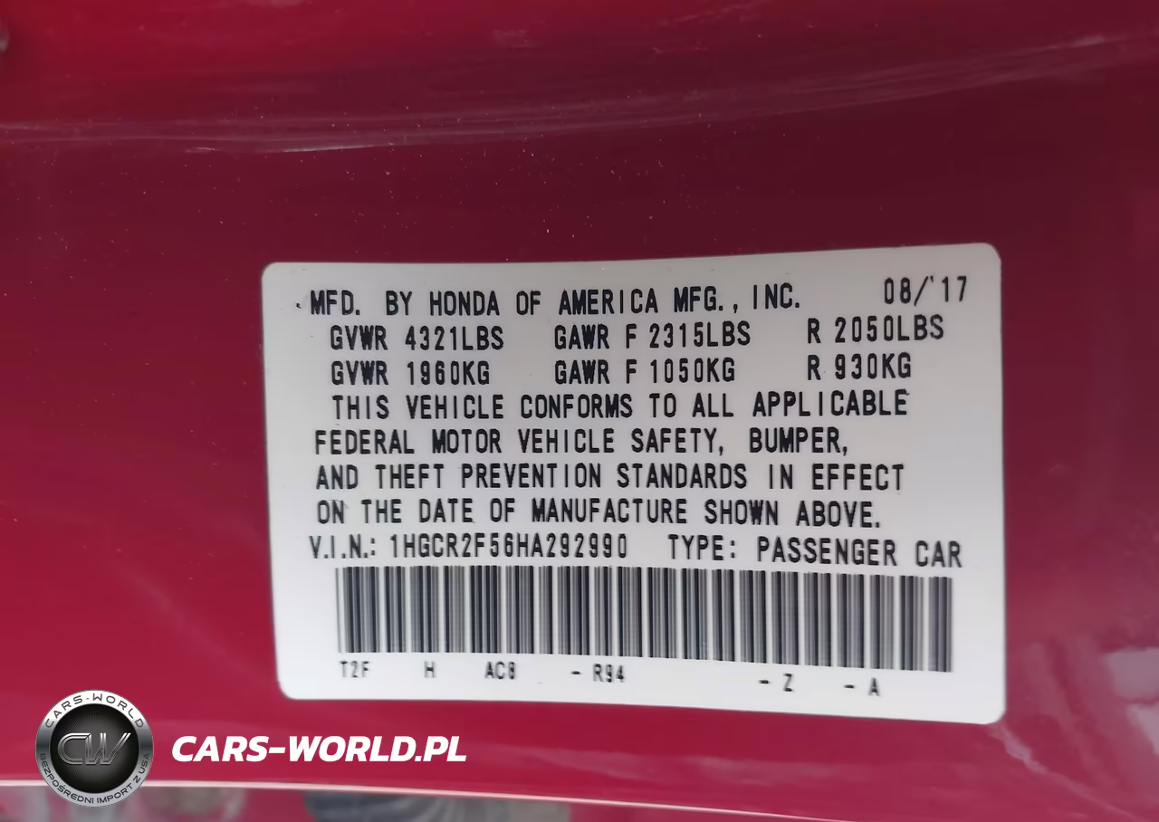 2017 Honda Accord Sport VIN:1HGCR2F56HA292990 - 9