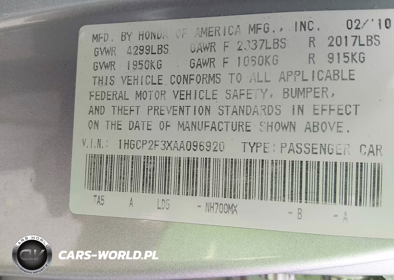 2010 Honda Accord 2.4 Lx VIN:1HGCP2F3XAA096920 - 9