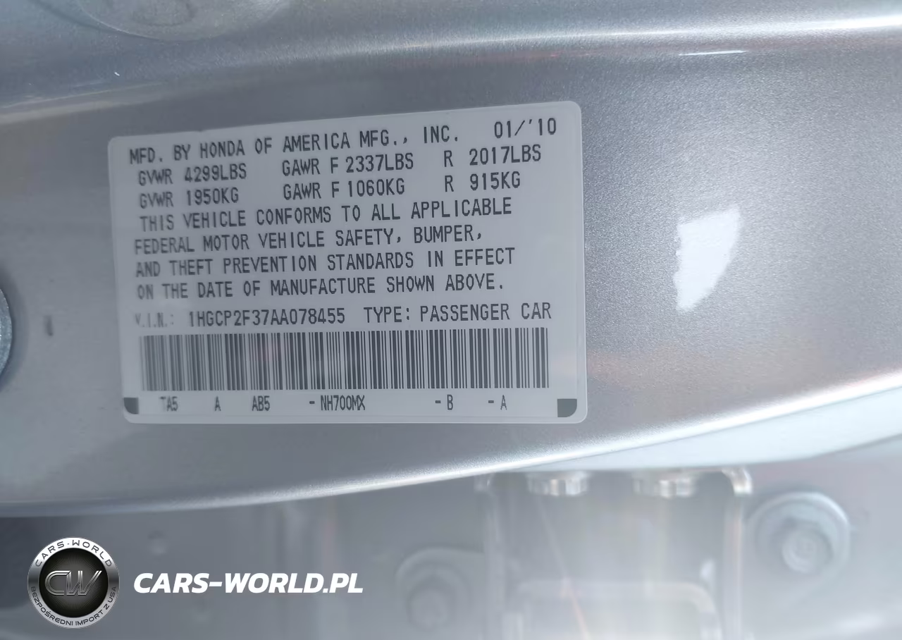 2010 Honda Accord 2.4 Lx VIN:1HGCP2F37AA078455 - 9