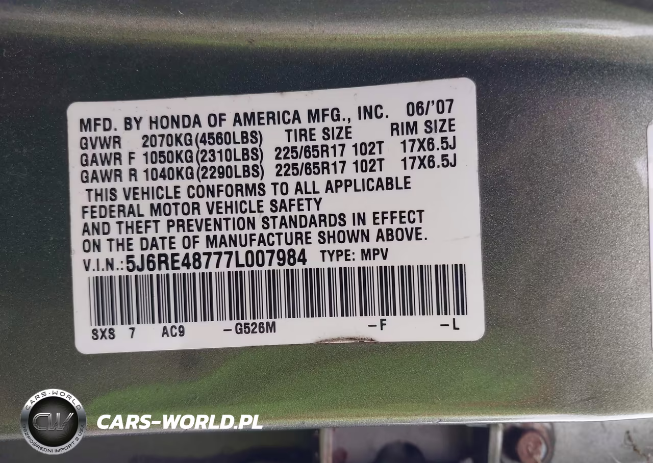 2007 Honda Cr-V Ex-L VIN:5J6RE48777L007984 - 9