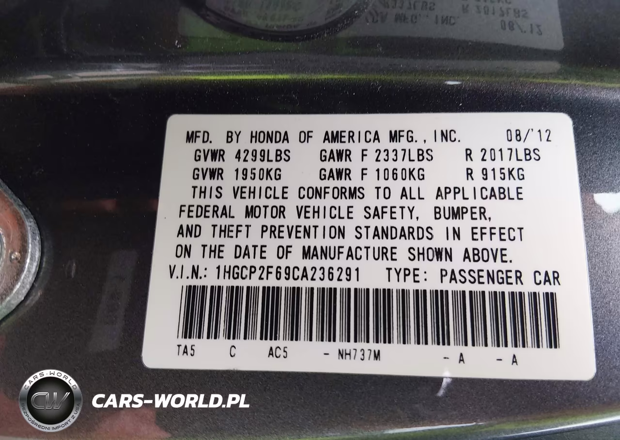 2012 Honda Accord 2.4 Se VIN:1HGCP2F69CA236291 - 9