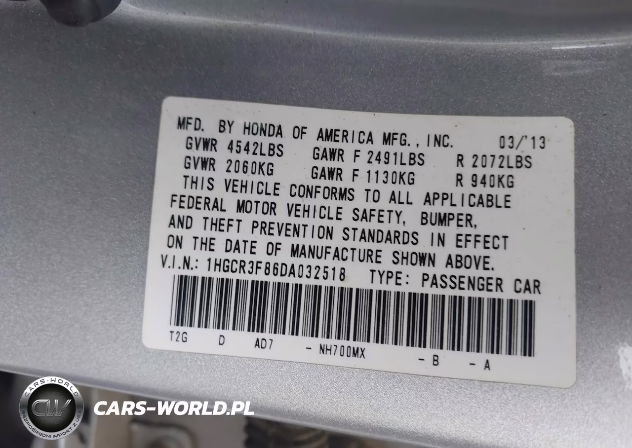 2013 Honda Accord Ex-L V-6 VIN:1HGCR3F86DA032518 - 9