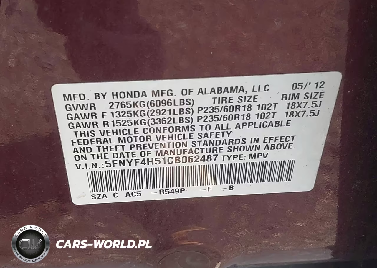 2012 Honda Pilot Ex-L VIN:5FNYF4H51CB062487 - 9