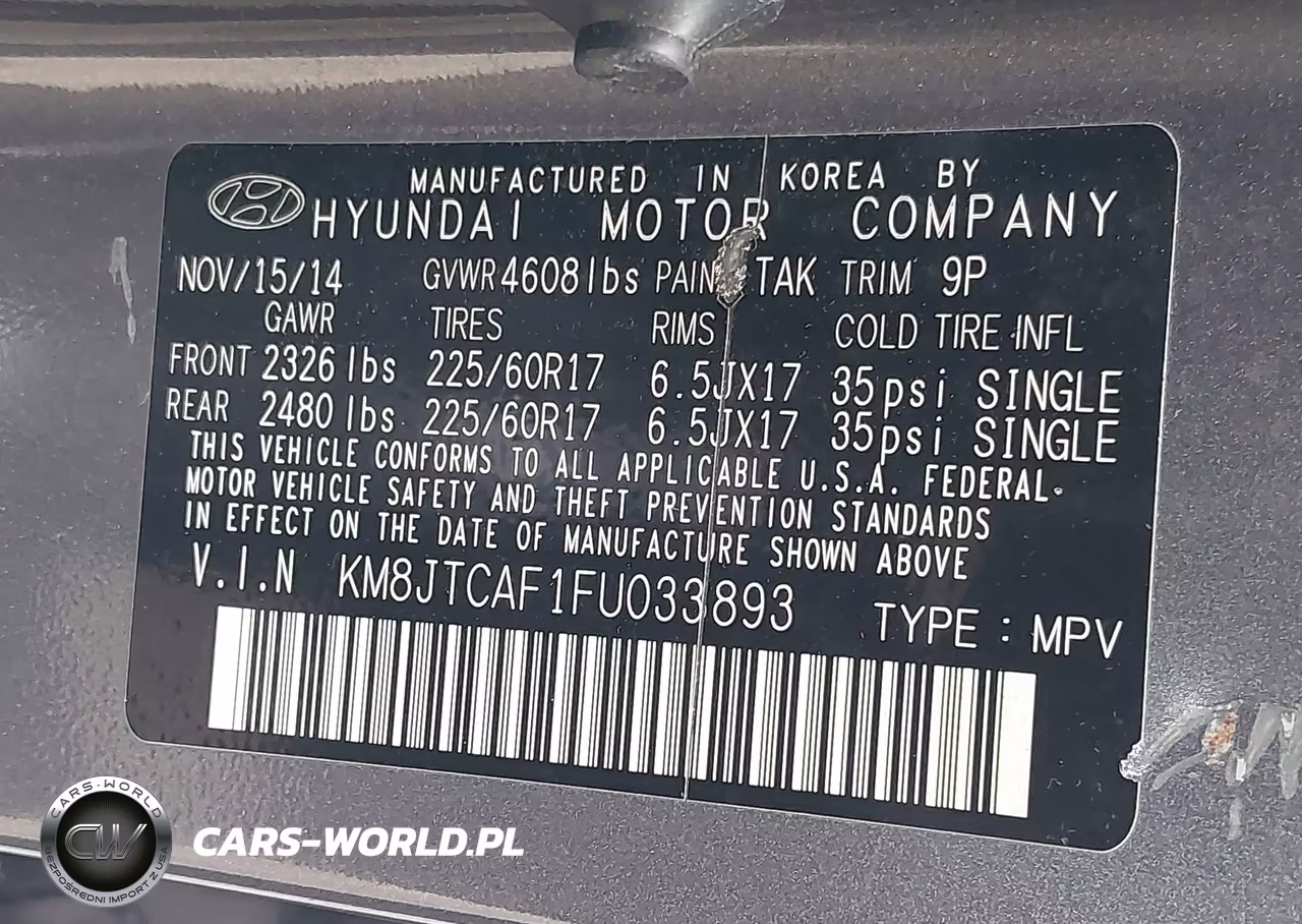 2015 Hyundai Tucson Gls VIN:KM8JTCAF1FU033893 - 9