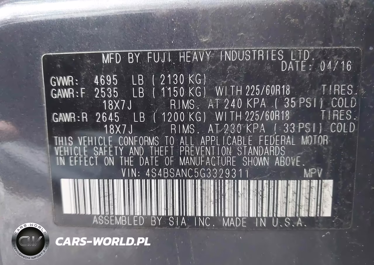 2016 Subaru Outback 2.5I Limited VIN:4S4BSANC5G3329311 - 9
