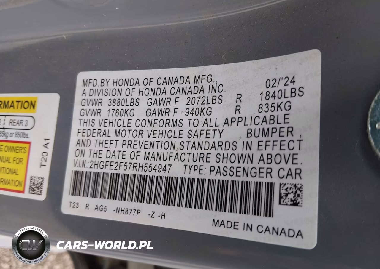 2024 Honda Civic Sport VIN:2HGFE2F57RH554947 - 9