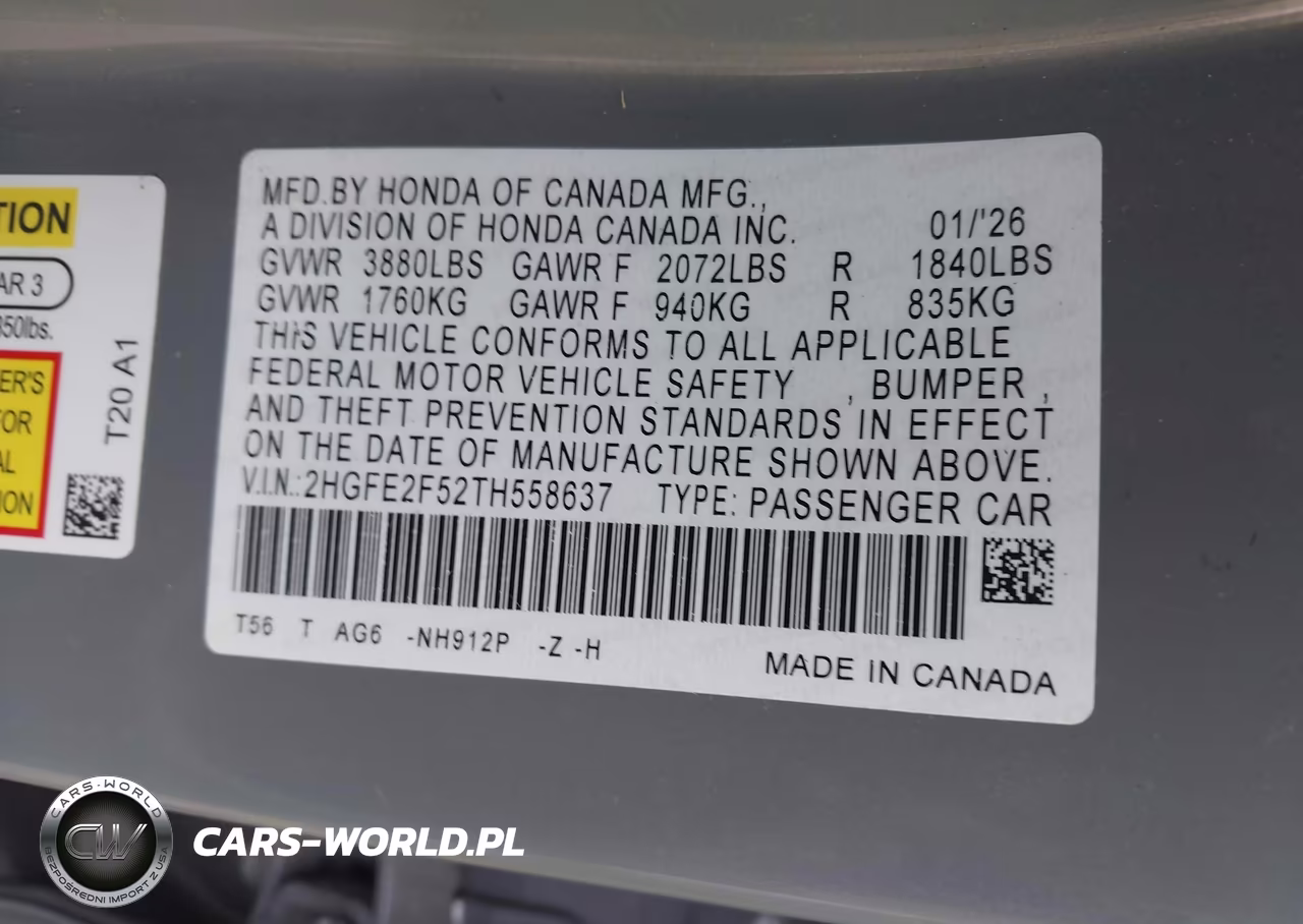 2026 Honda Civic Sport VIN:2HGFE2F52TH558637 - 9