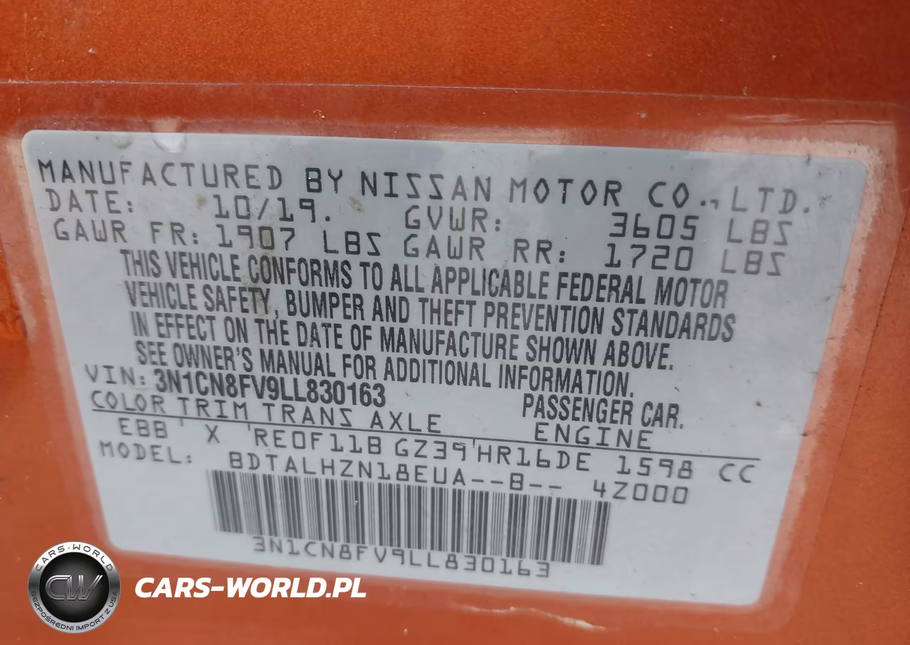 2020 Nissan Versa Sr Xtronic Cvt VIN:3N1CN8FV9LL830163 - 9