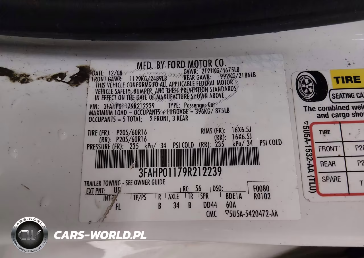 FORD FUSION SE VIN:3FAHP01179R212239 - 9
