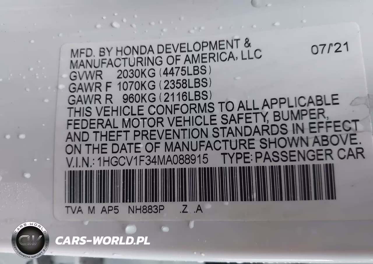 2021 Honda Accord Sport VIN:1HGCV1F34MA088915 - 9