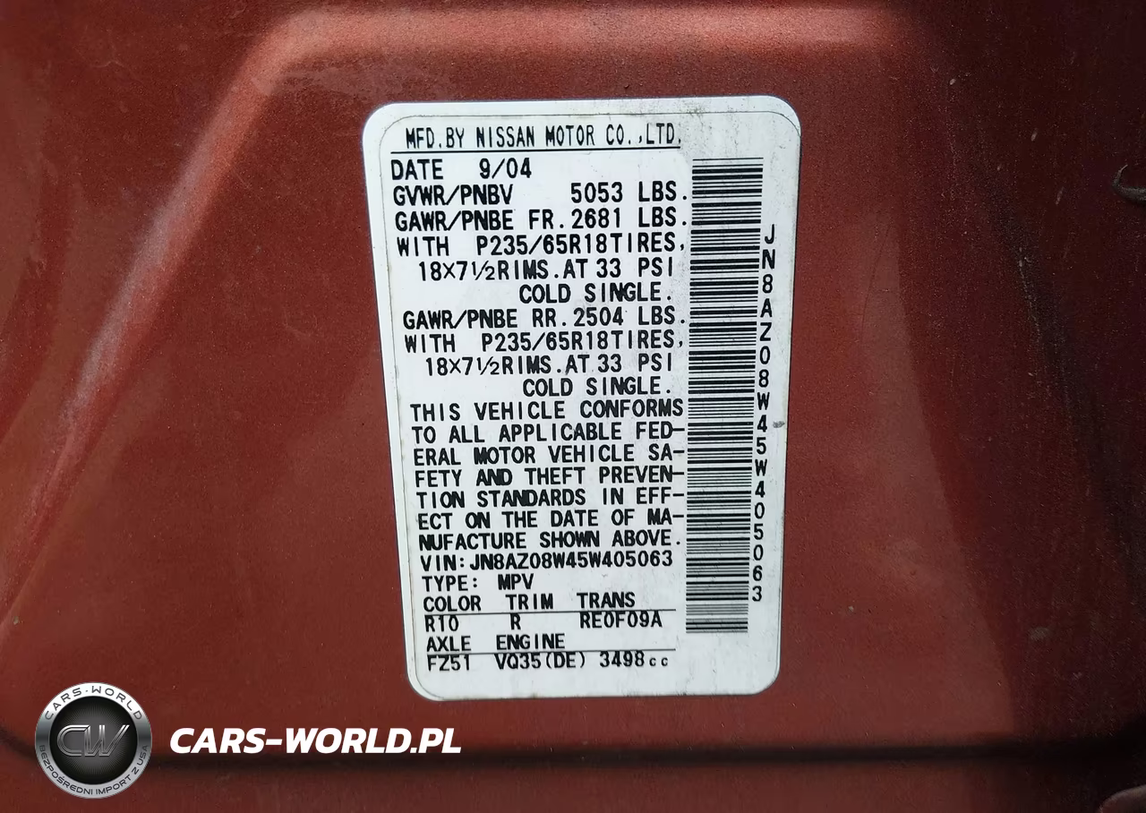 2005 Nissan Murano Sl VIN:JN8AZ08W45W405063 - 9