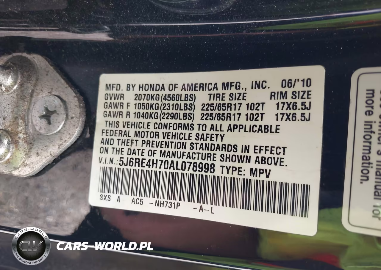 2010 Honda Cr-V Ex-L VIN:5J6RE4H70AL078998 - 9