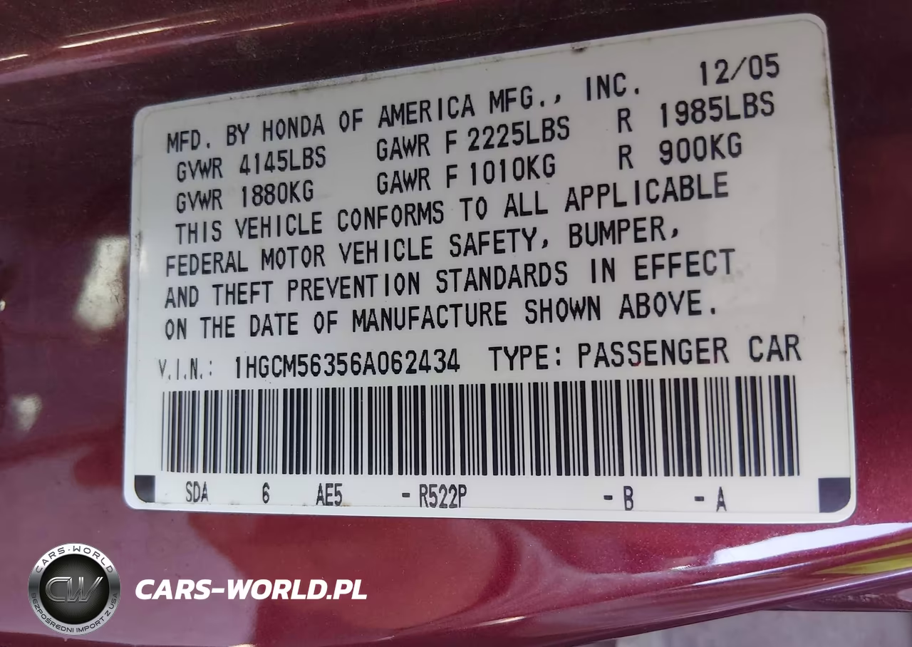 2006 Honda Accord 2.4 Se VIN:1HGCM56356A062434 - 6