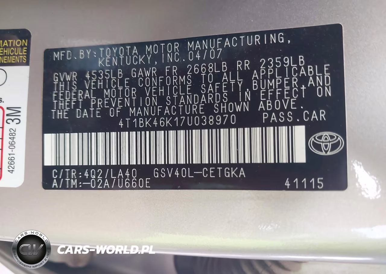 2007 Toyota Camry Xle V6 VIN:4T1BK46K17U038970 - 9
