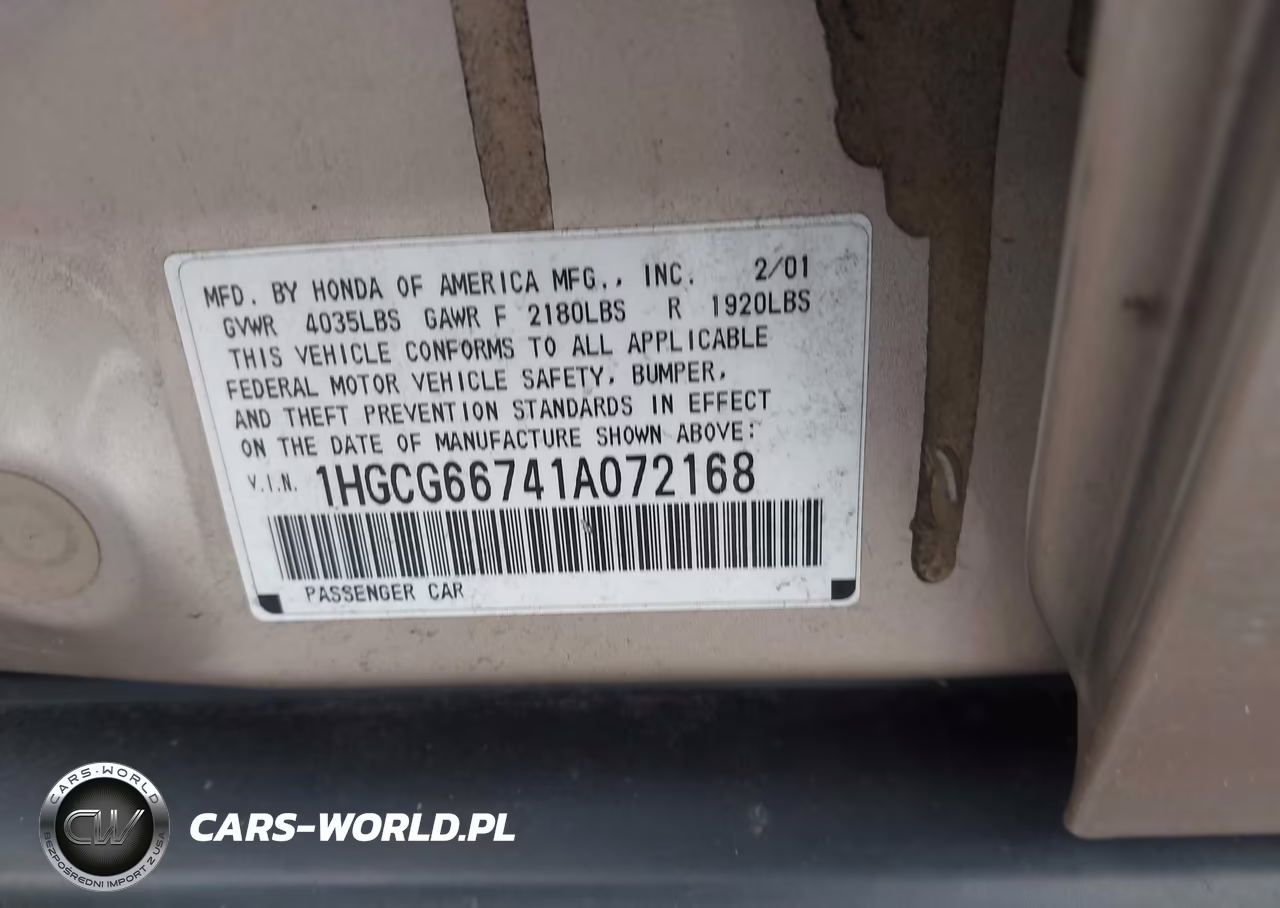2001 Honda Accord 2.3 Lx VIN:1HGCG66741A072168 - 9