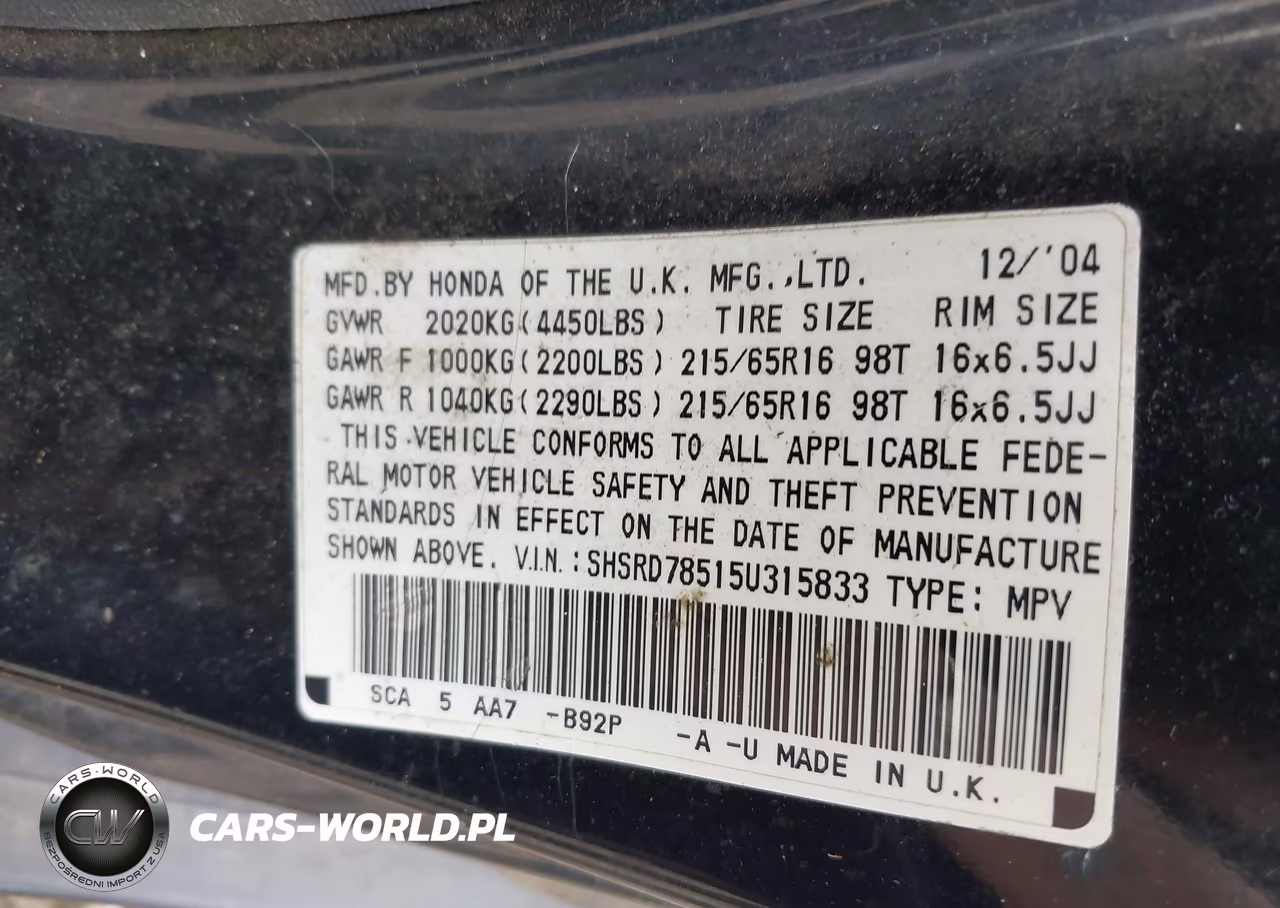 2005 Honda Cr-V Lx VIN:SHSRD78515U315833 - 9