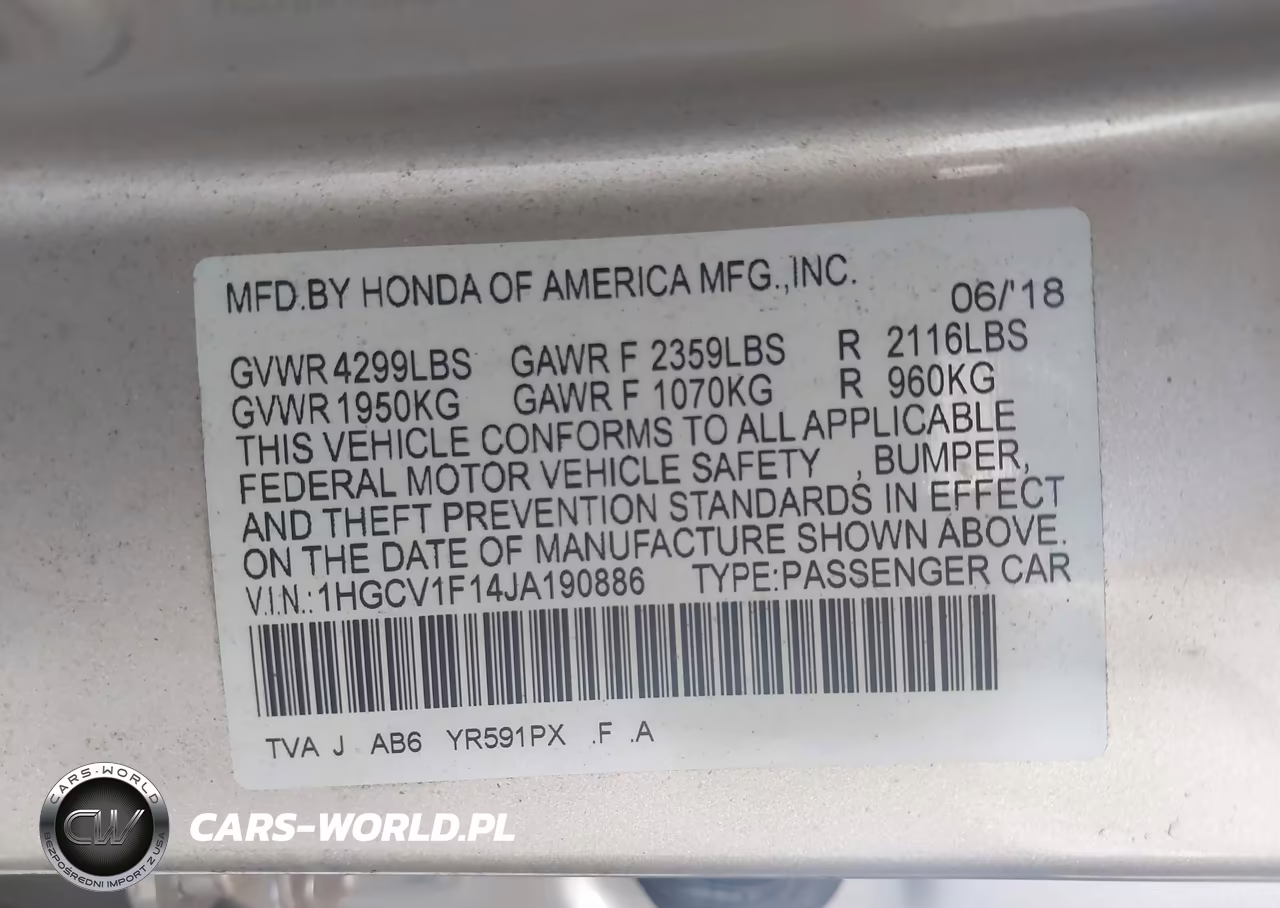2018 Honda Accord Lx VIN:1HGCV1F14JA190886 - 9