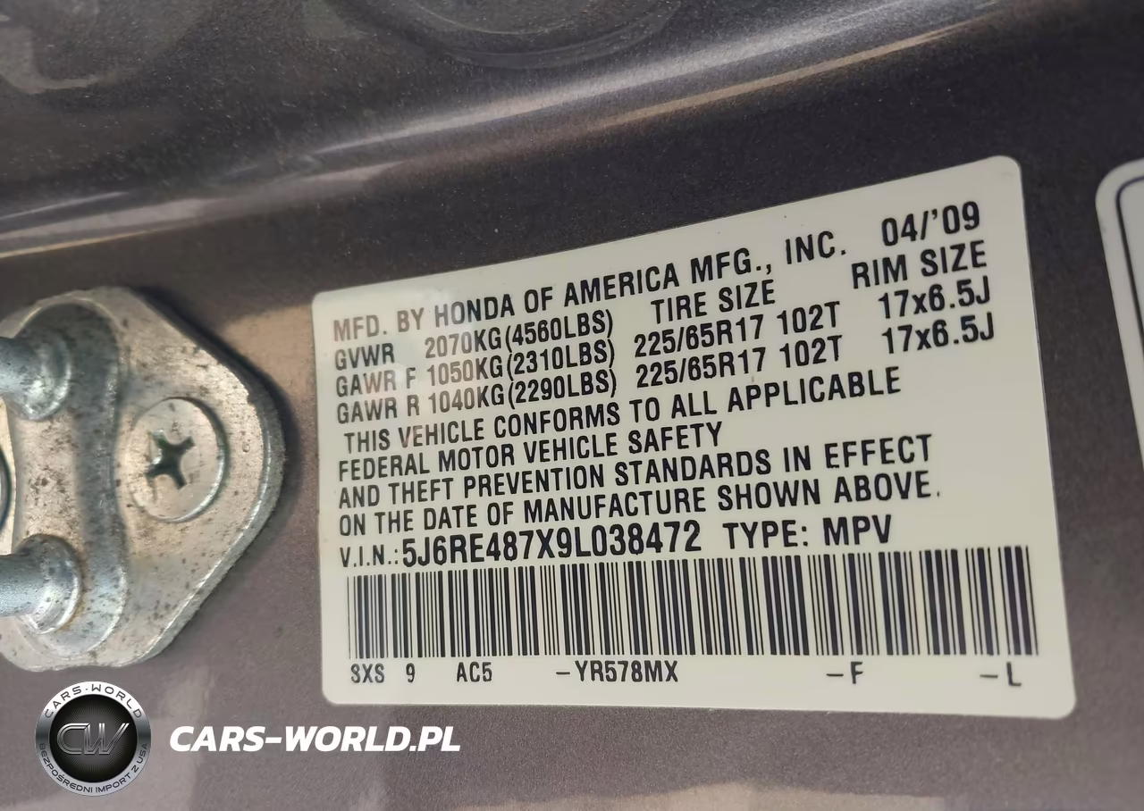 2009 Honda Cr-V Ex-L VIN:5J6RE487X9L038472 - 9